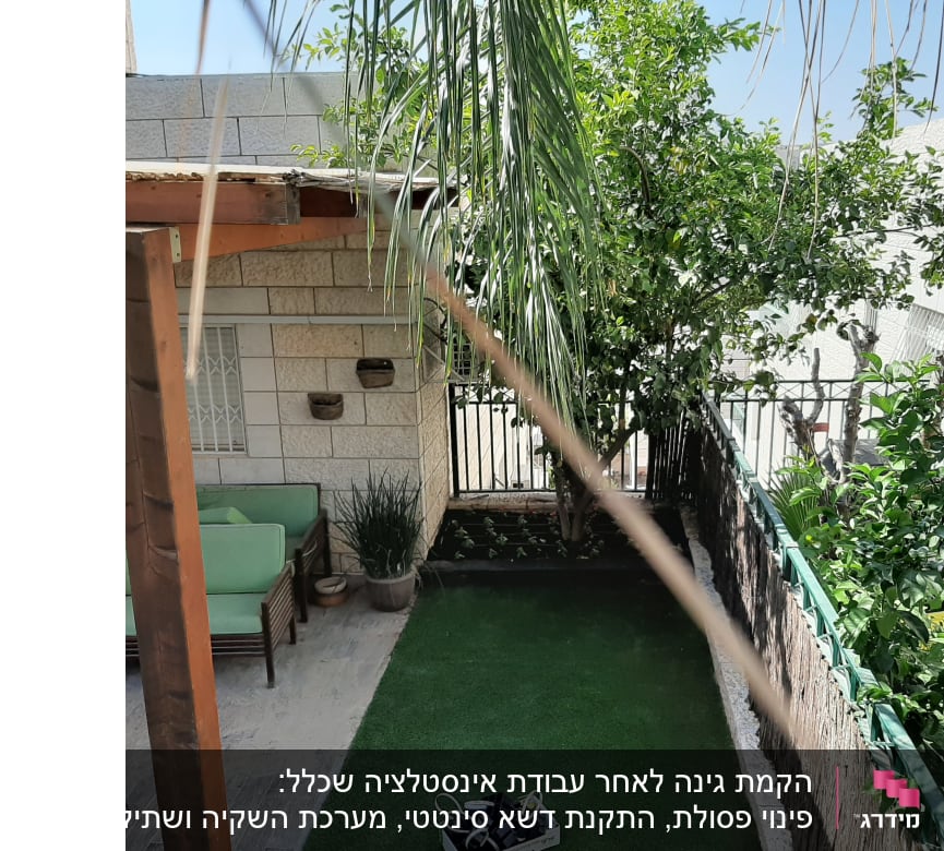 עצים וצמחים בגינה קטנה עם דשא סינתטי